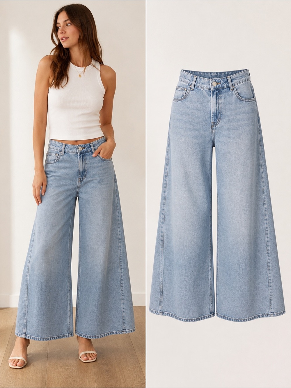 MNG Mango | Light Wash Wide Leg Jeans | Size Large 100% Cotton High Rise Trendy